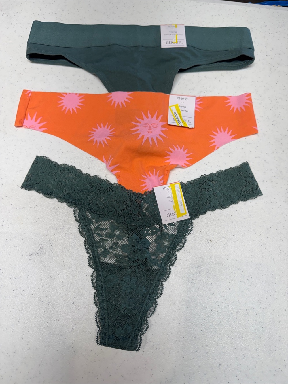 XS Auden 3-Pack‎ Thong Set in Forest Green & Orange with Pink Sun Motif